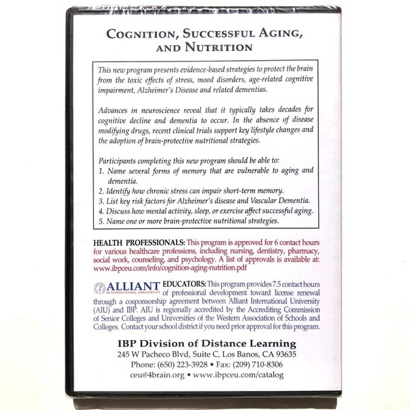 Institute for Brain Potential DVD Cognition Successful Aging Nutrition Mark Moss - Picture 2 of 2